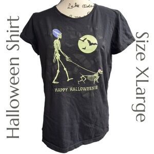 Happy Halloweenie Skeleton Tee - Funny Dog Graphic - 100% Cotton - Size XL